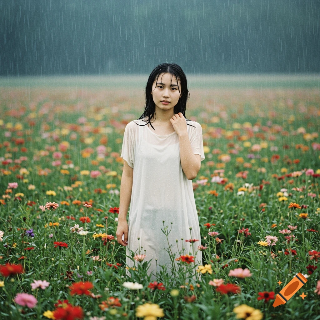 Photorealistic portrait of a young woman standing in a field of colorful flowers in the rain.