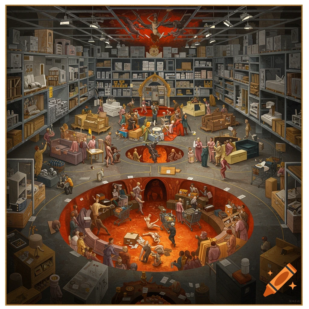 Renaissance-style painting of a crowded store like Ikea, reimagined as Dante's Inferno with people interacting and falling into pits.