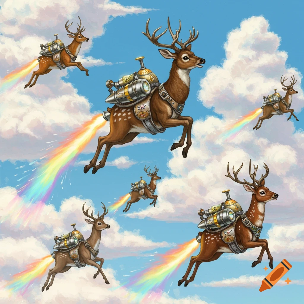 Deer flying through a cloudy sky with jetpacks emitting rainbow trails.