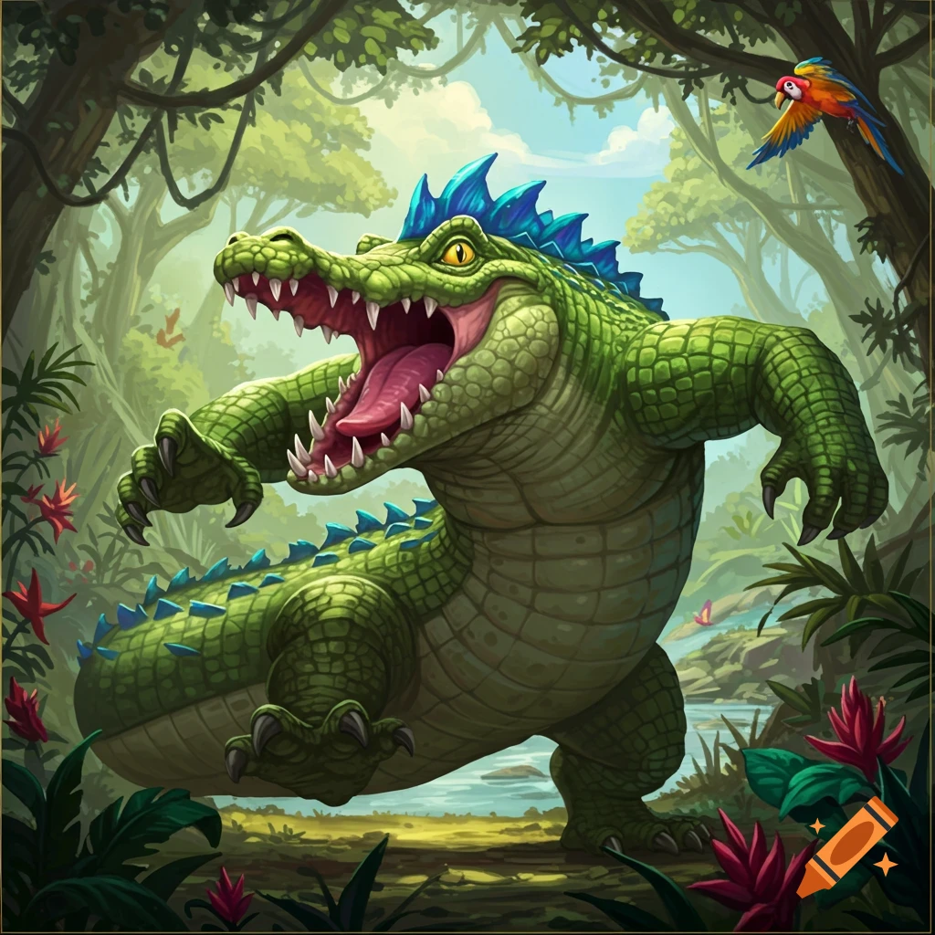 A cartoon crocodile with spiky blue scales roars in a vibrant jungle.