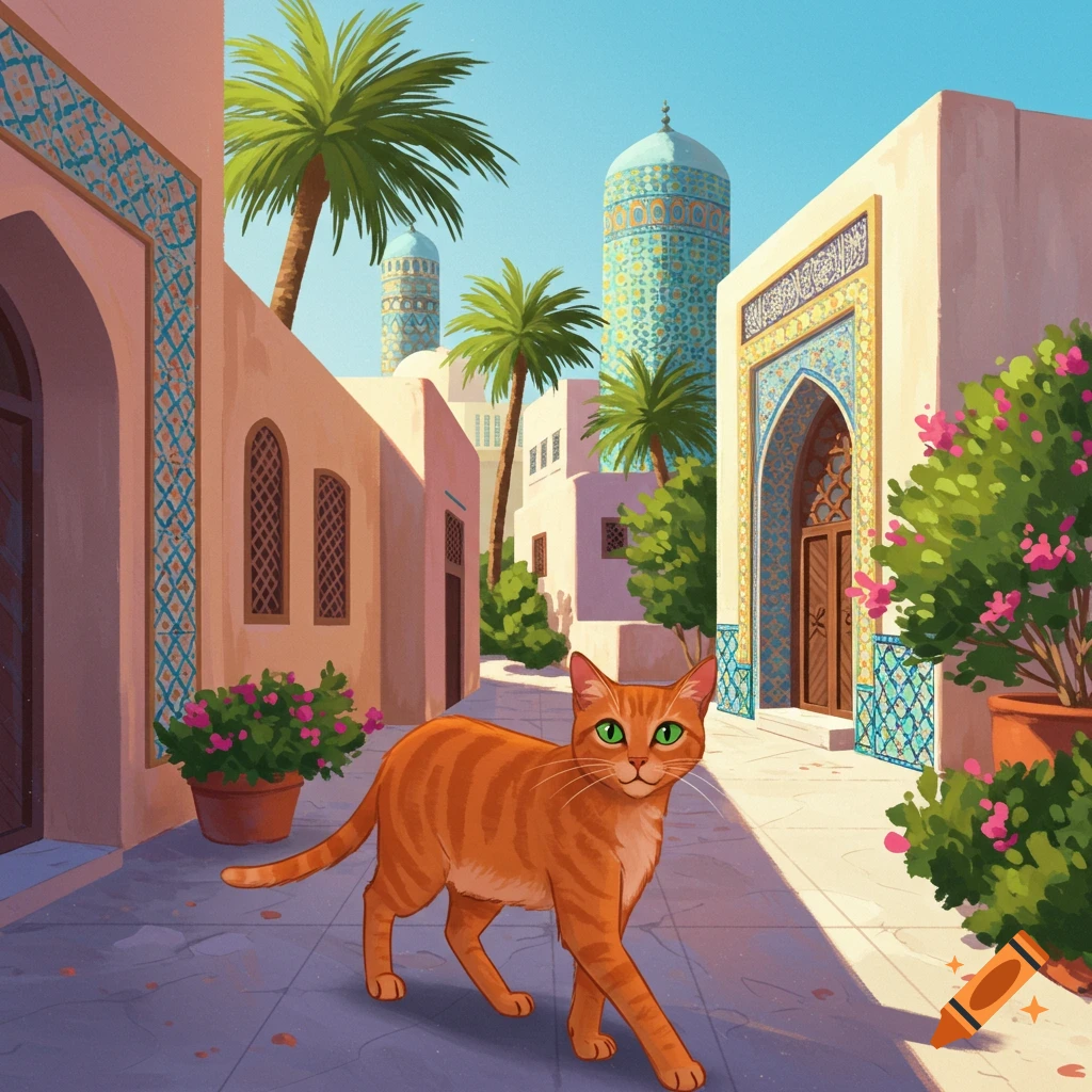 An orange tabby cat walks down a street in a stylized city with ornate buildings and palm trees.