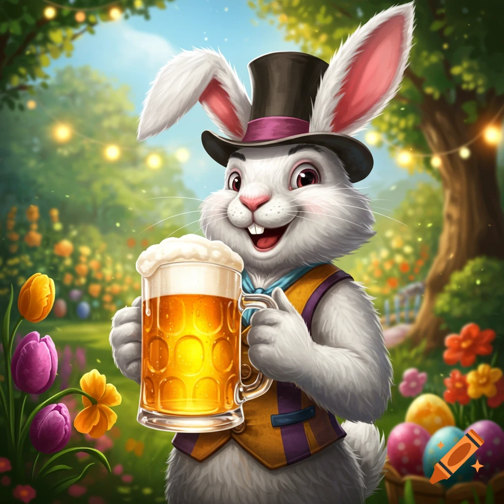 An Easter bunny holding a mug of beer in an Easter garden.