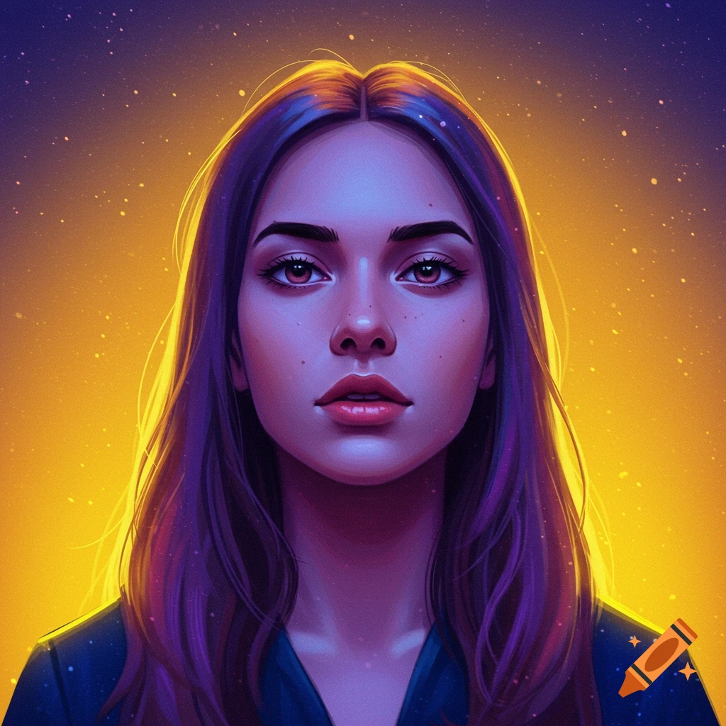 Portrait of a young woman with glowing hair and eyes against a golden, starry background.