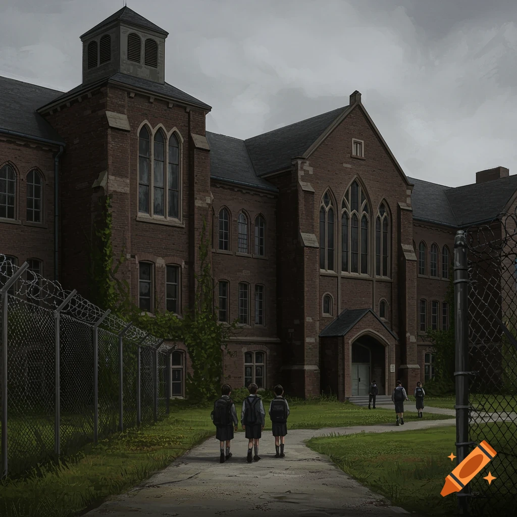 Students walking towards a dark, imposing brick residential school building with barbed wire.