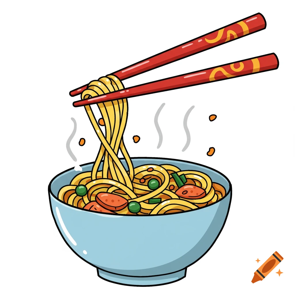 Cartoon illustration of chopsticks lifting noodles from a steaming bowl.