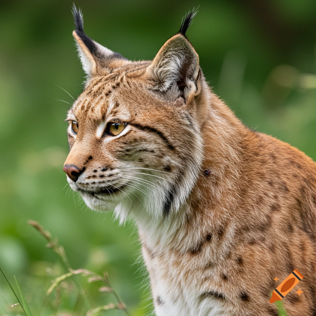 Close-up profile photo of a Eurasian lynx's head and upper body looking left, with green foliage background.