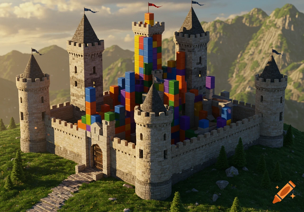 A realistic castle built from colorful Tetris blocks on a grassy hill.