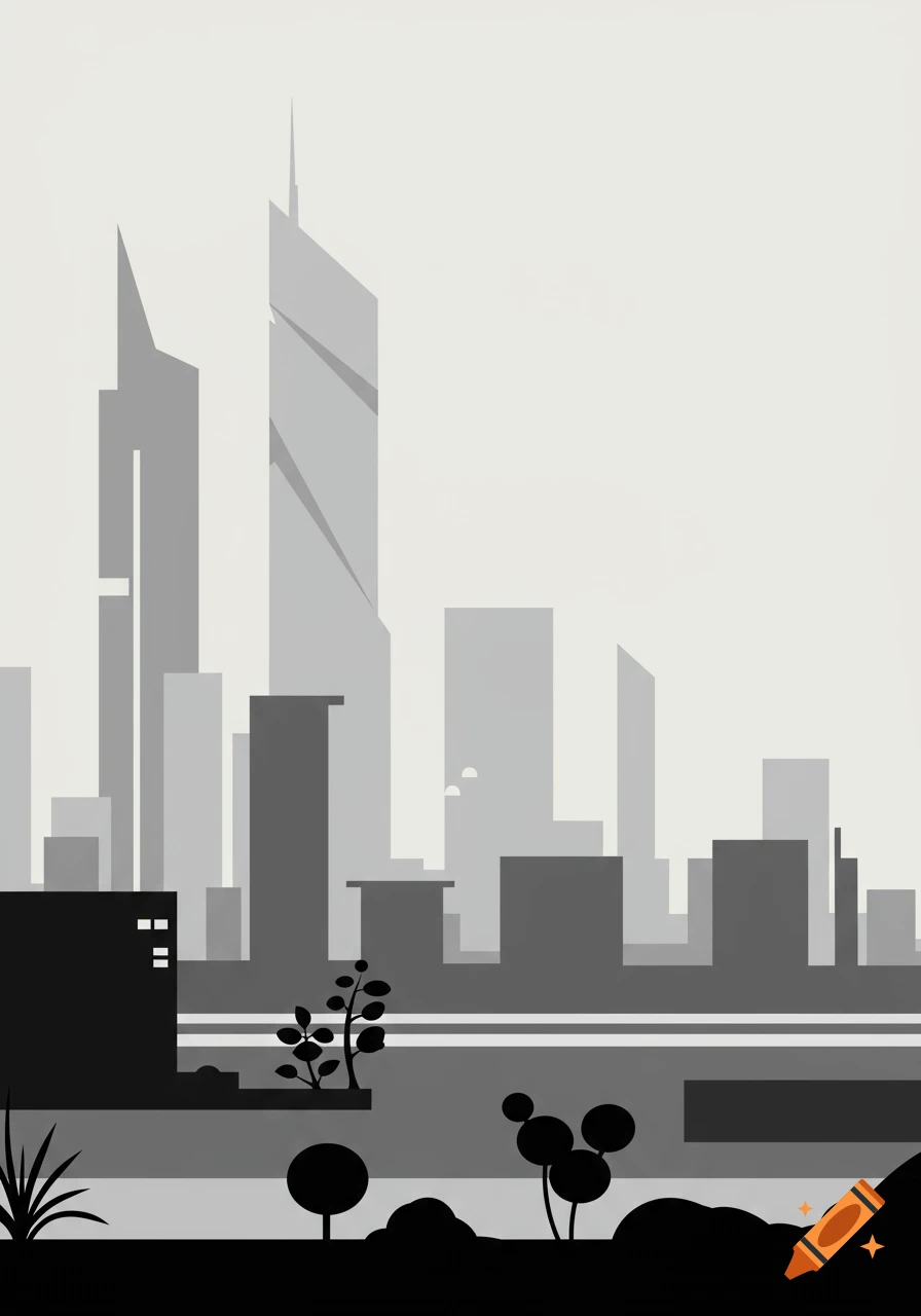 Minimalist graphic cityscape with skyscrapers, trees, and bushes in shades of grey.