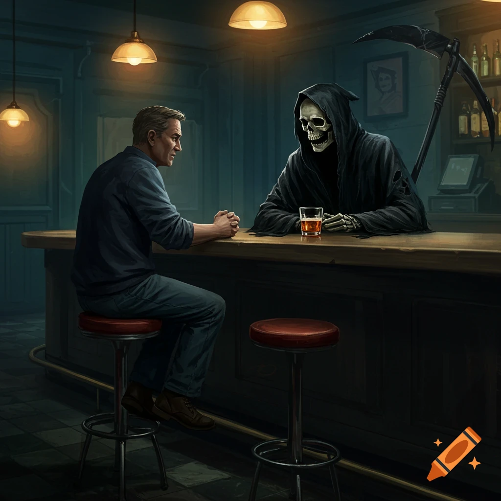The Grim Reaper and a man sitting at a bar with drinks.