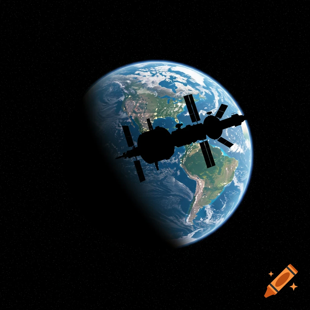 A silhouette of a space station is shown against the backdrop of Earth and a starfield.