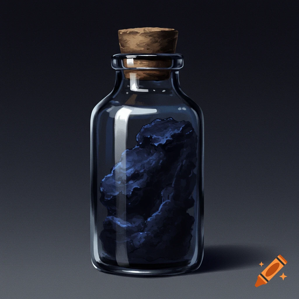 A glass vial with a cork stopper contains a dark blue substance.