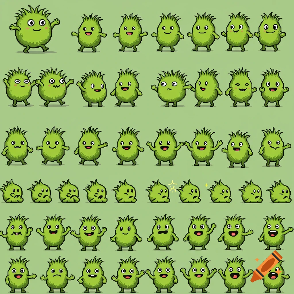 A pixel art sprite sheet featuring rows of small green monster characters with various expressions and poses.
