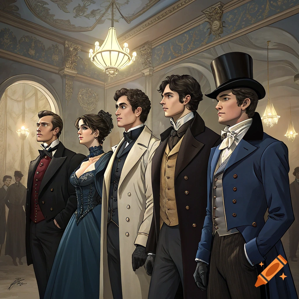 A group of people in formal Regency era attire pose in a grand hall.