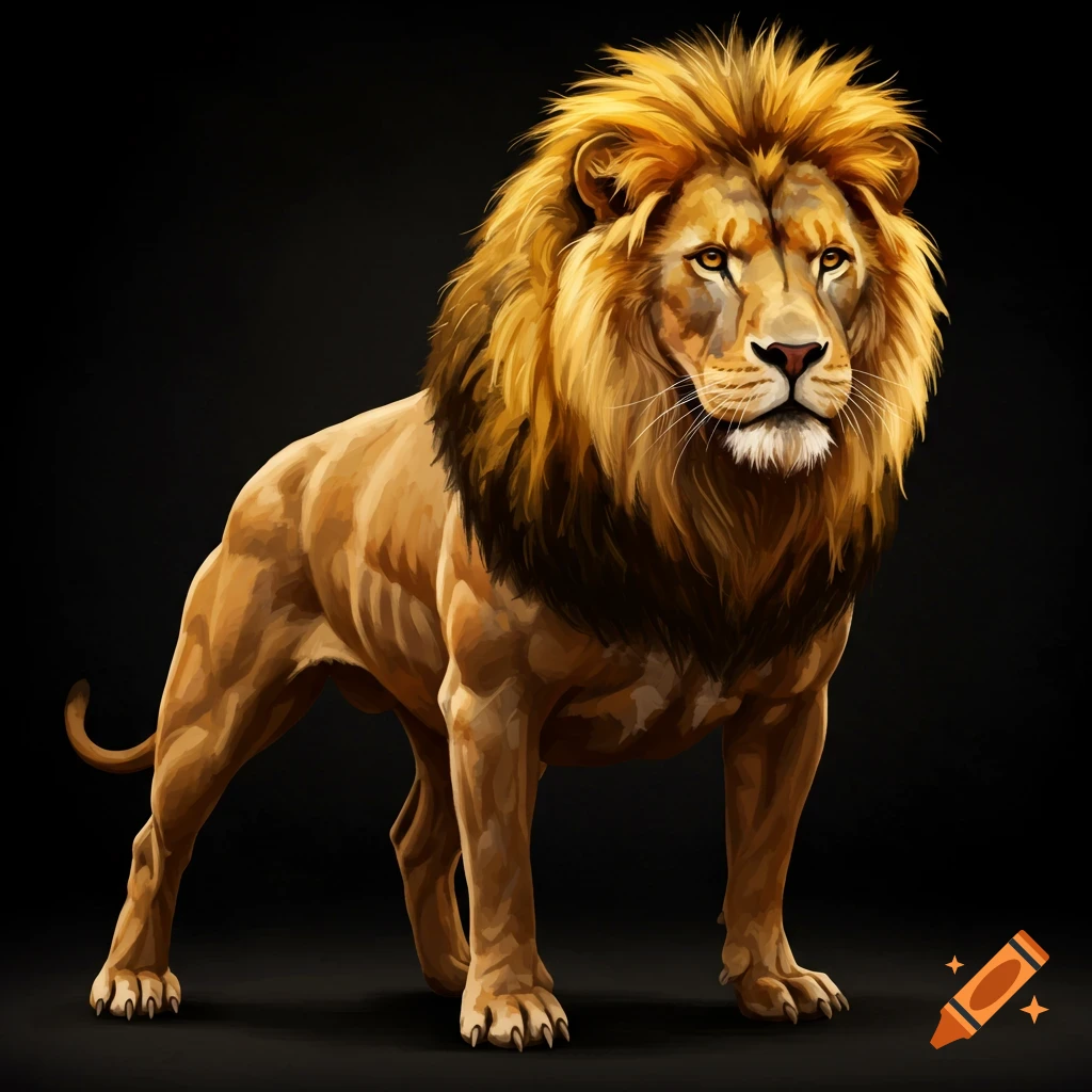 A muscular lion stands on a black background.