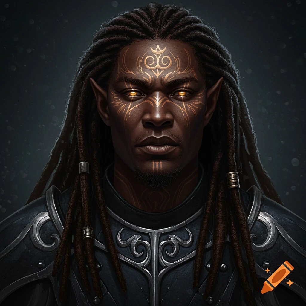 Dramatic portrait of a dark-skinned fantasy character with dreadlocks, pointed ears, and glowing gold markings.