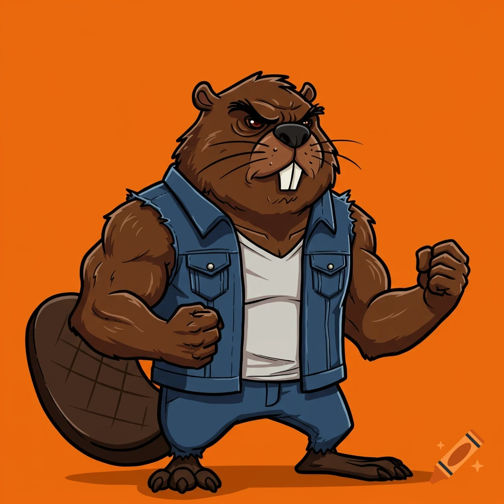 Cartoon beaver wearing a denim vest and jeans