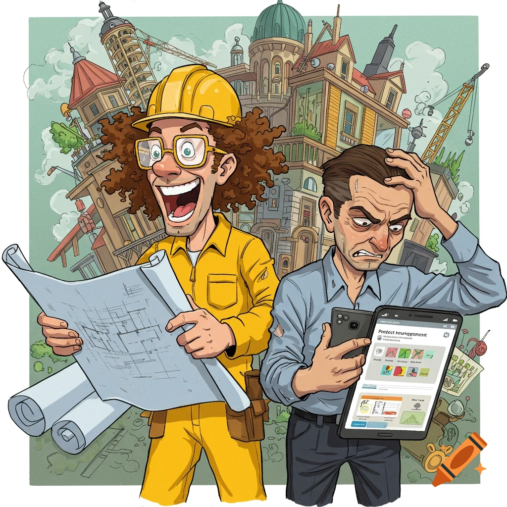 Excited architect with plans, annoyed engineer with tablet, against a background of construction and buildings.