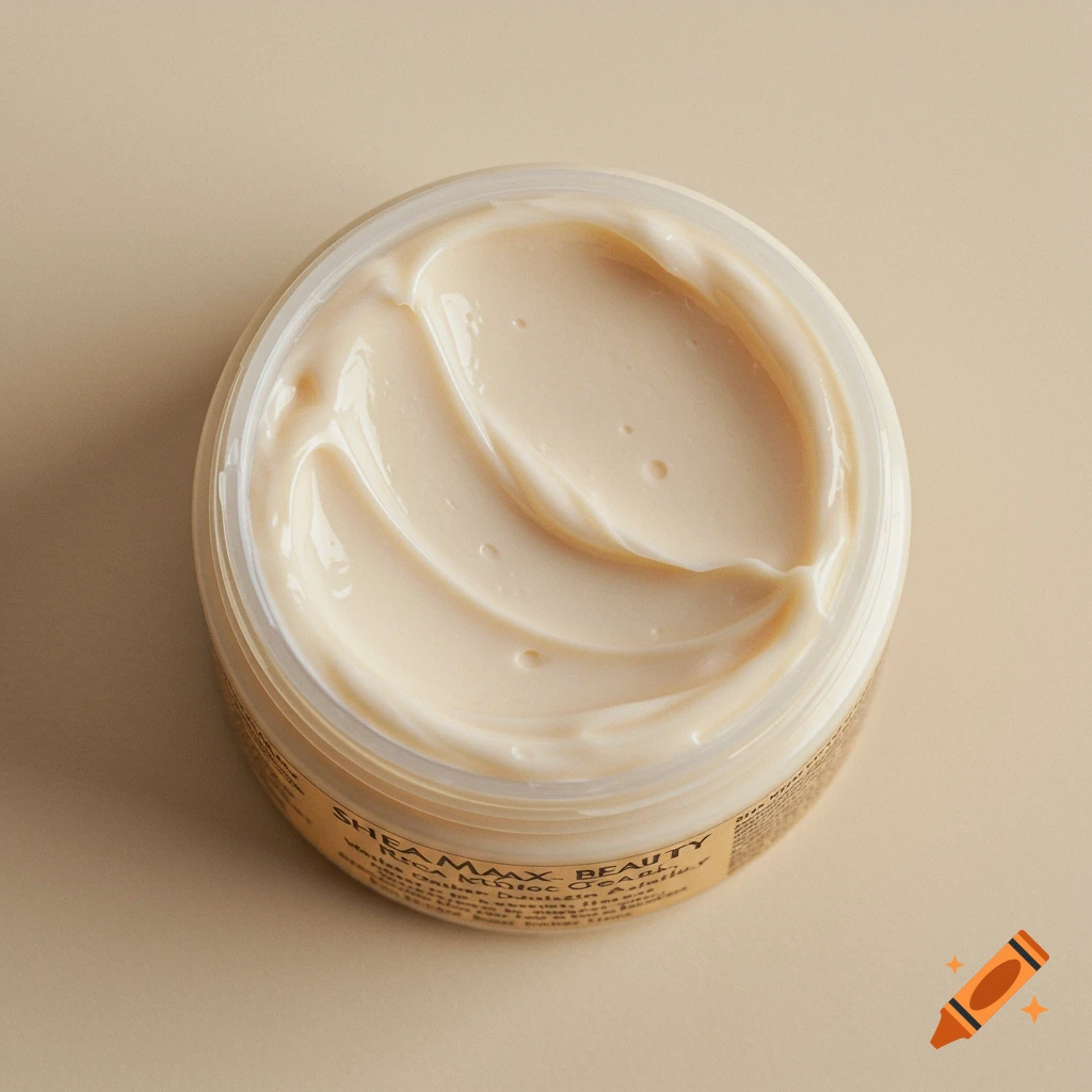 Overhead view of a jar filled with creamy beige beauty product.