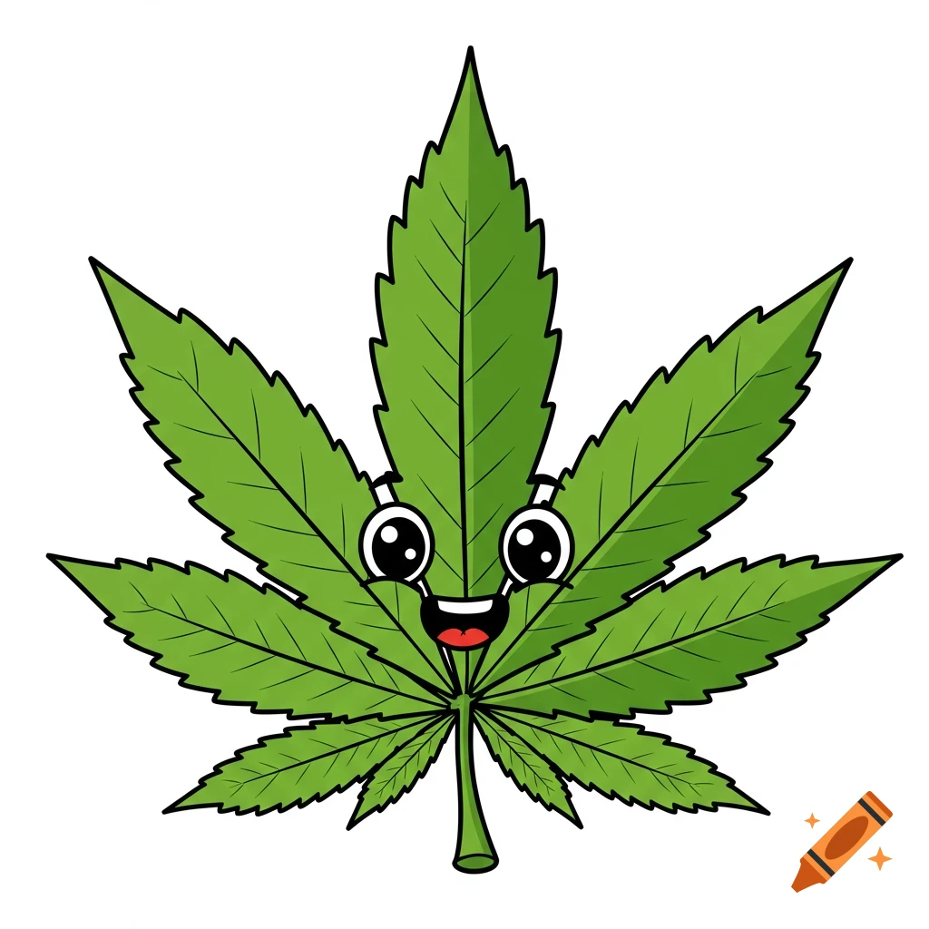 A cartoon illustration of a green cannabis leaf with a happy face