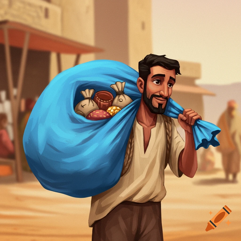 Smiling man with beard carrying a large blue sack of goods over his shoulder in a market.