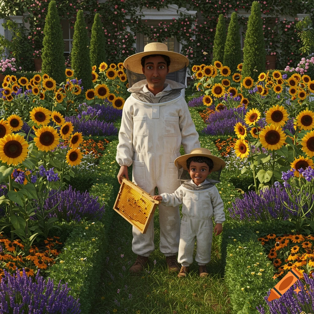A man and child in beekeeper suits holding a honeycomb frame in a vibrant garden.
