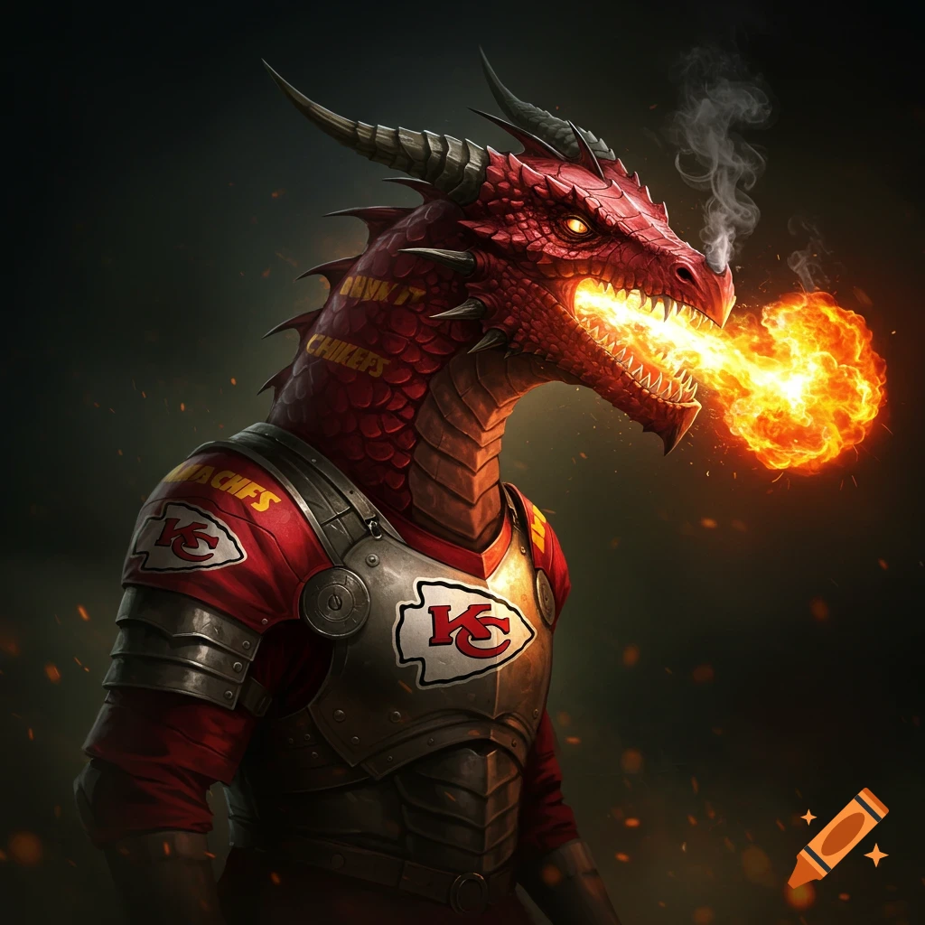 A red dragon in Kansas City Chiefs armor breathing fire.