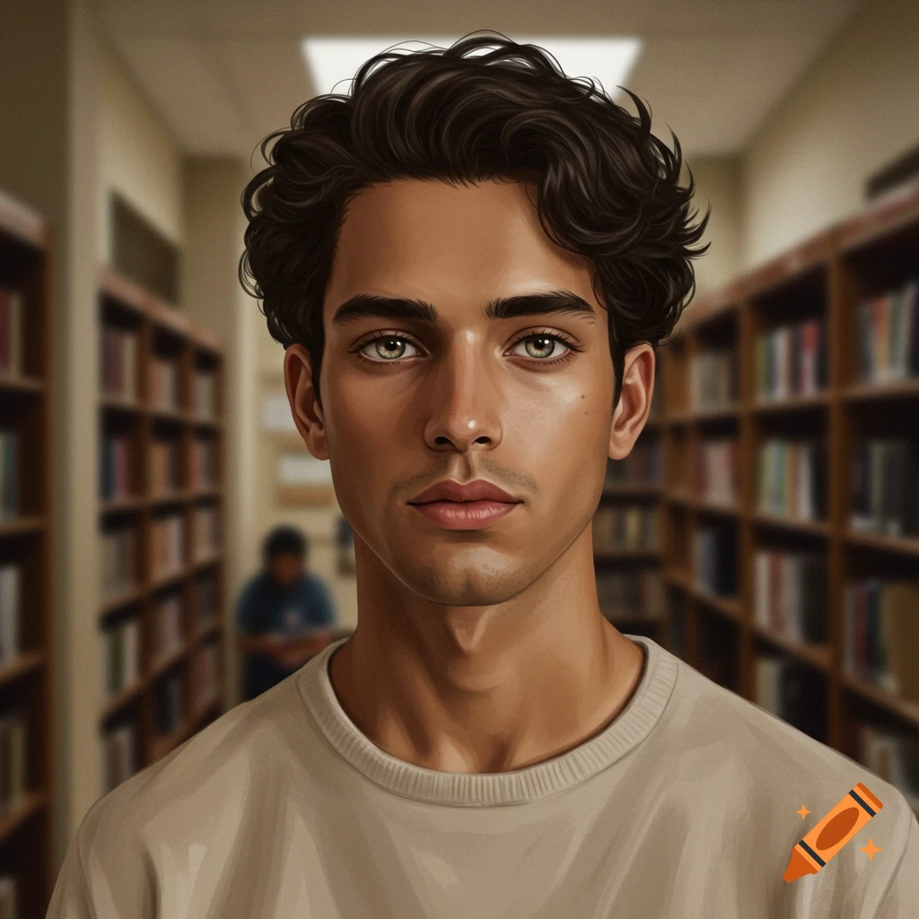 A young man is standing in a library.