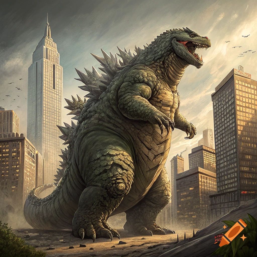 A large, obese Godzilla stands in a city, towering over buildings like the Empire State Building.