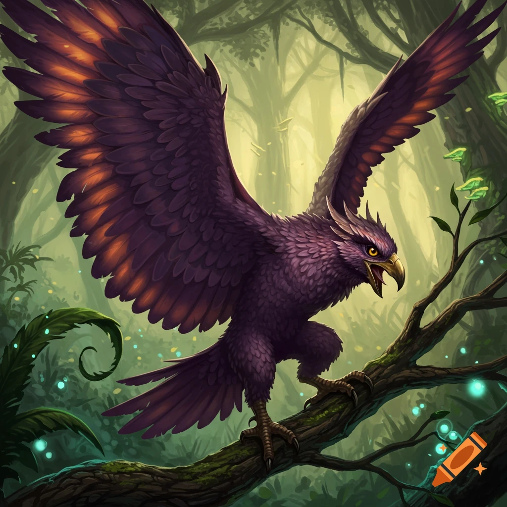 A purple fantasy creature with orange wings perches on a branch in a lush forest.