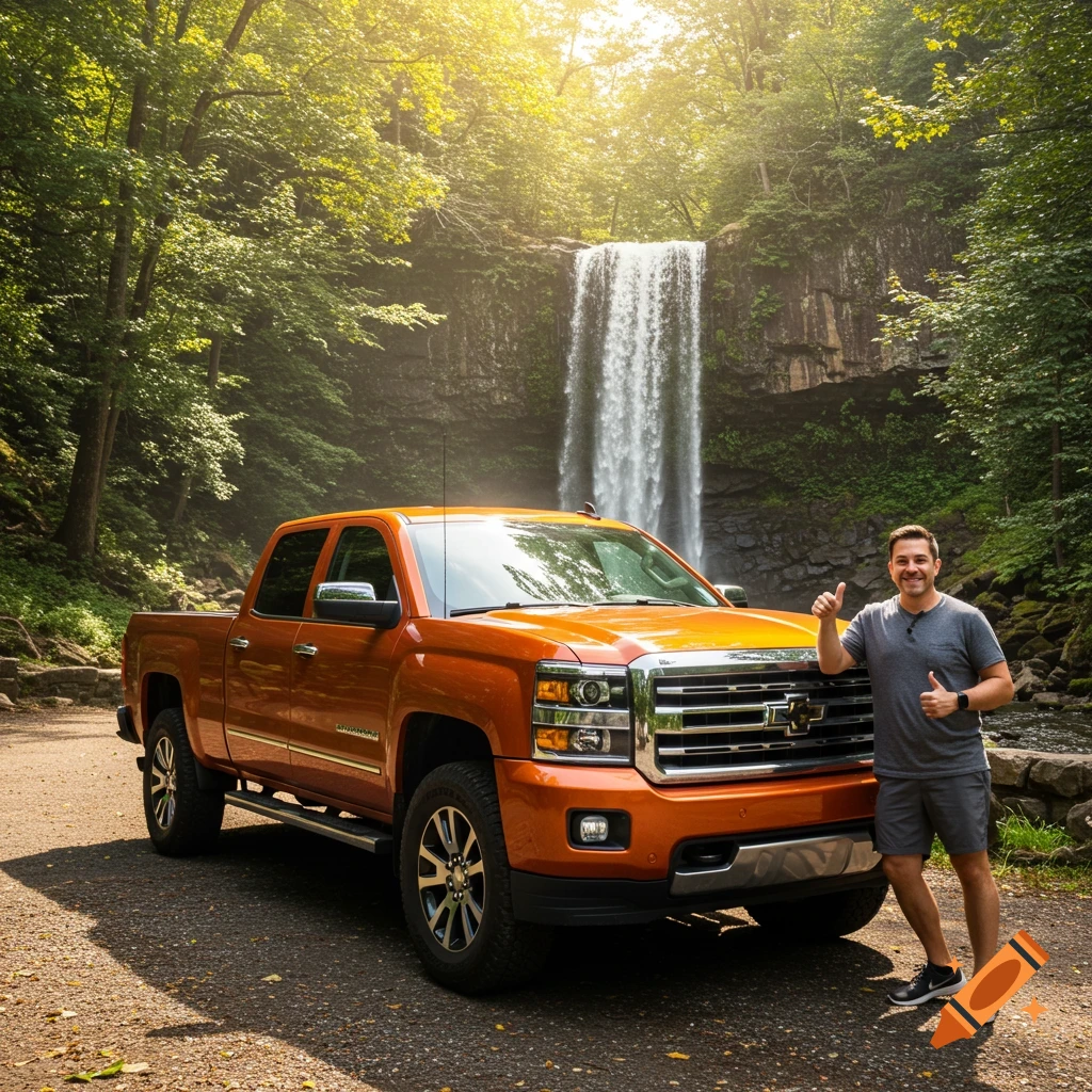 A happy man gives two thumbs up next to an orange pickup truck in front of a waterfall, photorealistic style.