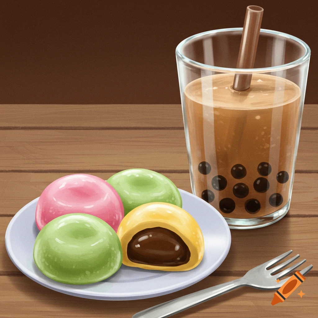 Mochi and boba tea on a wooden table.