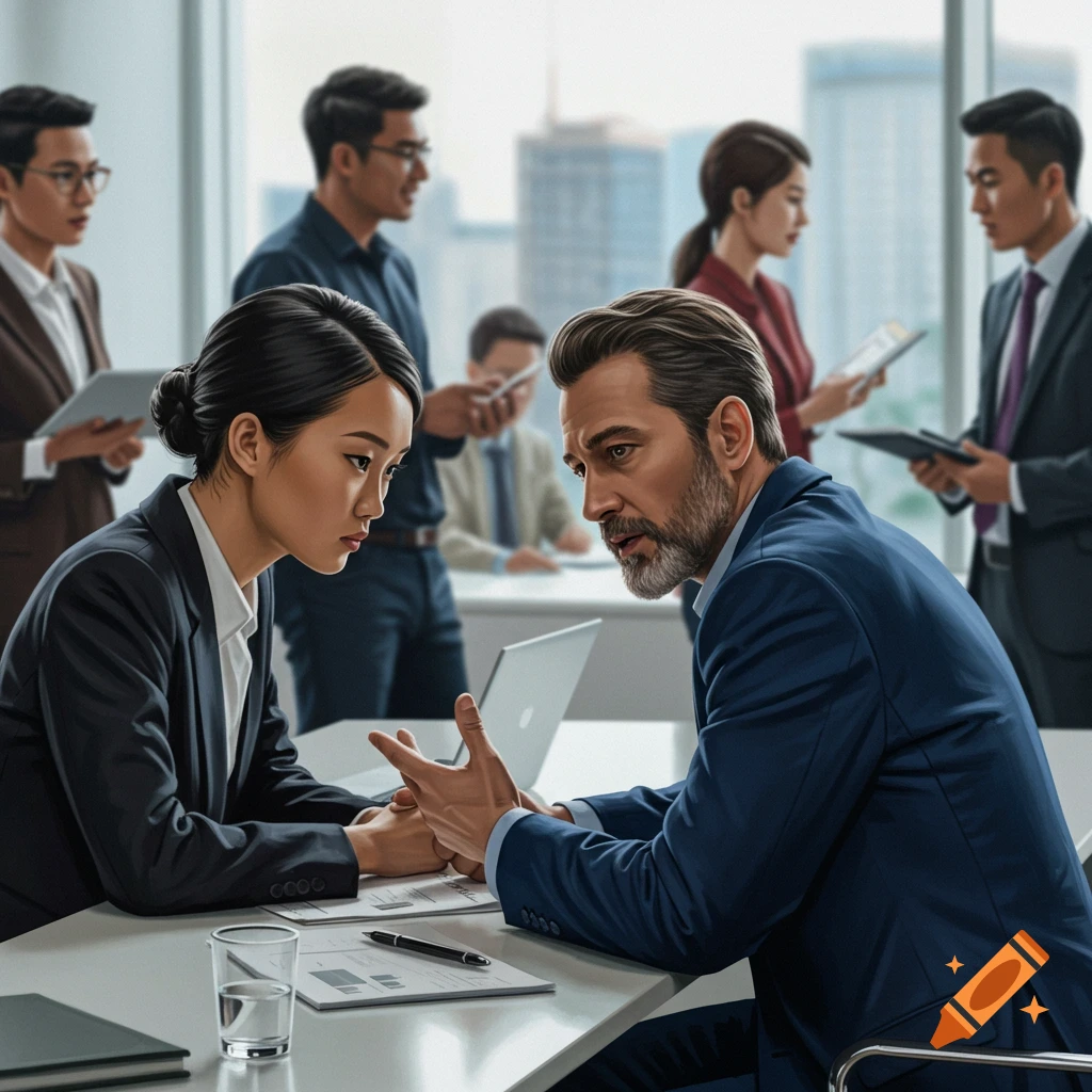Professional painting of people discussing paperwork in an office meeting