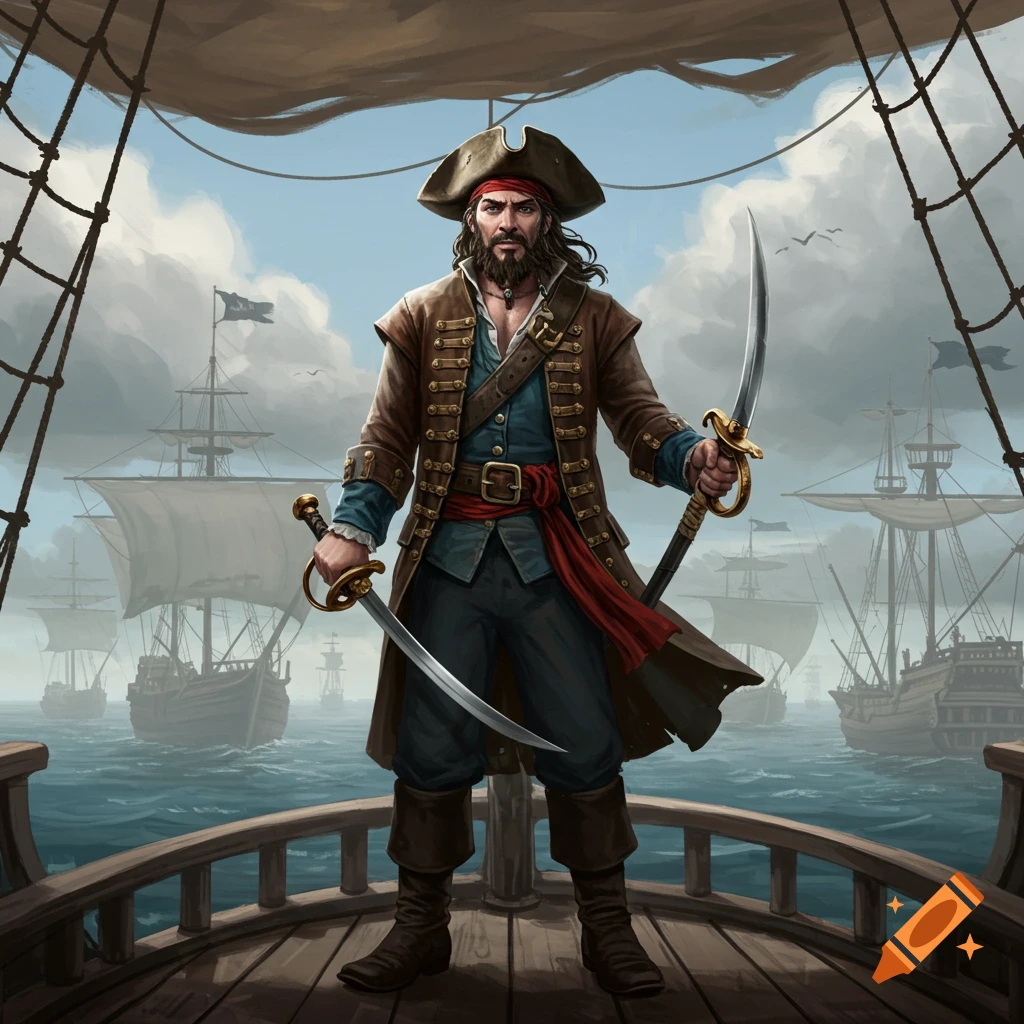 A pirate captain with two swords stands on a ship's deck with a fleet in the background.