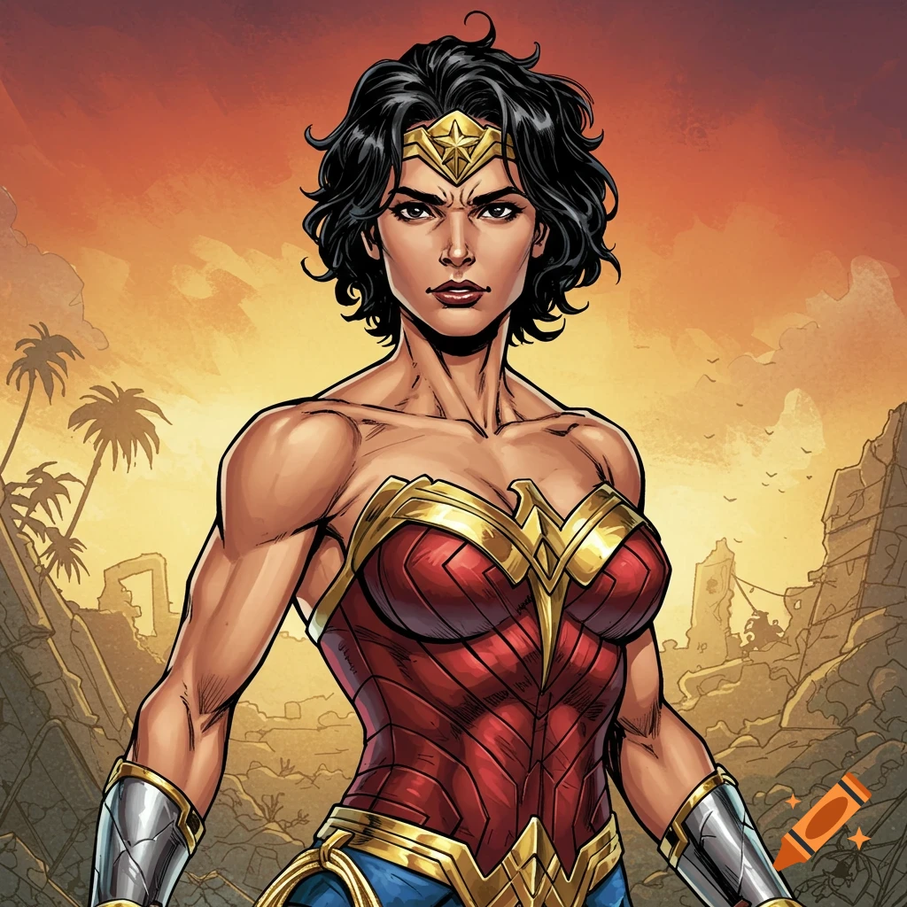 Comic art drawing of Wonder Woman with short hair in a ruined landscape