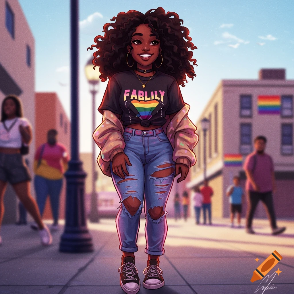 A young Black woman in ripped jeans and a rainbow t-shirt stands on a city street with rainbow flags.