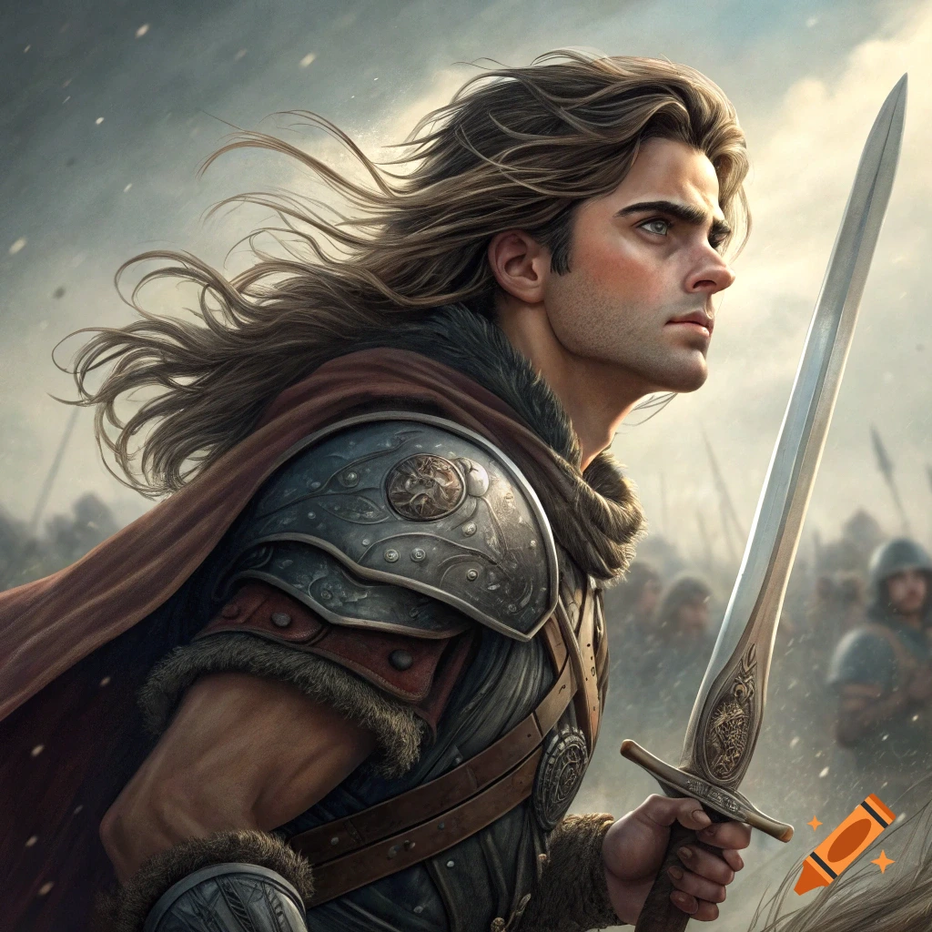 Portrait of a young warrior with long hair and armor holding a sword in a snowy battle.