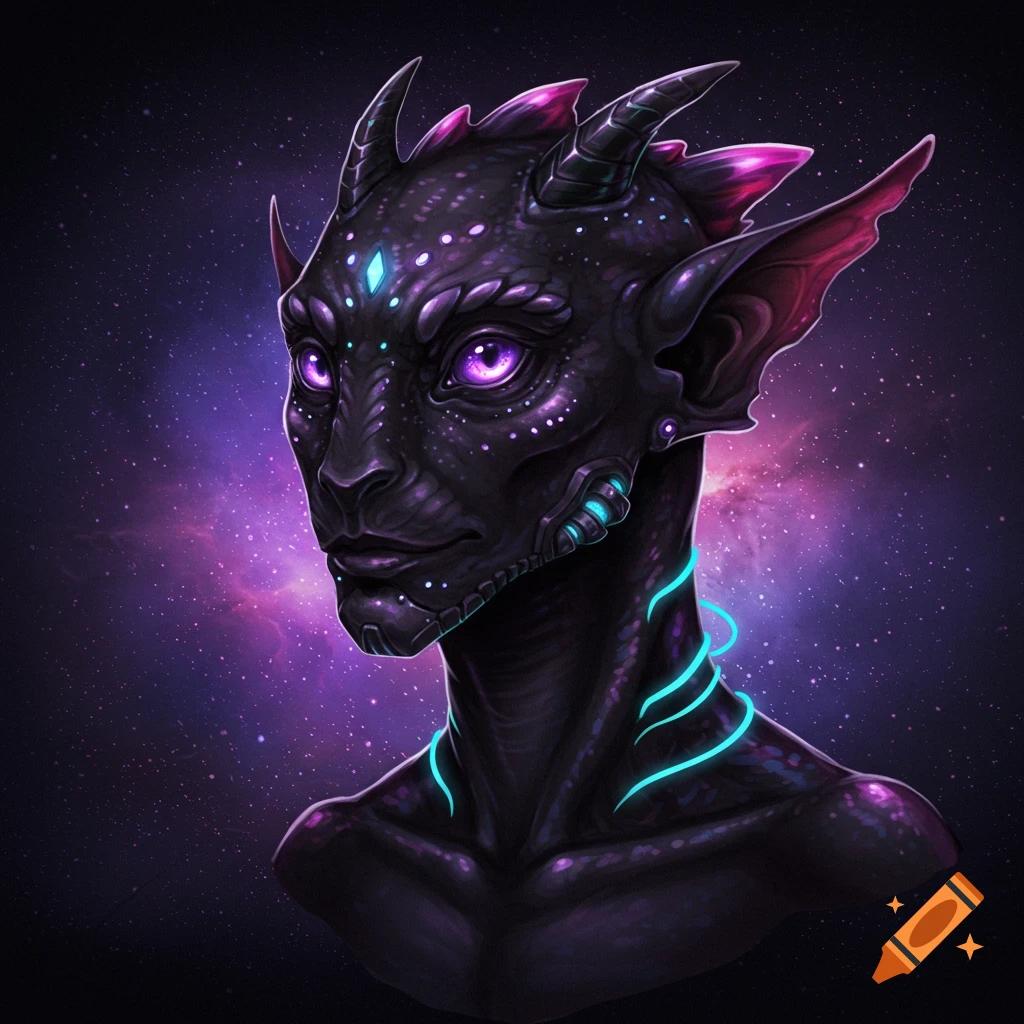 A dark-skinned alien with purple eyes, horns, and glowing blue markings against a galaxy background.