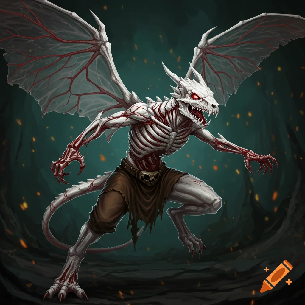 A white skeletal creature with wings, red veins, and glowing red eyes wearing a brown cloth.