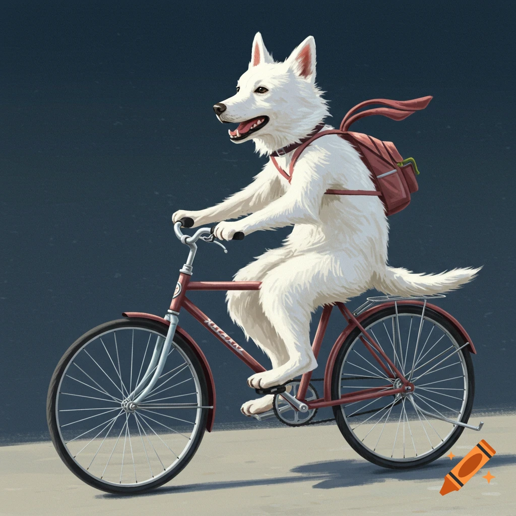 A white dog rides a red bicycle, wearing a backpack.