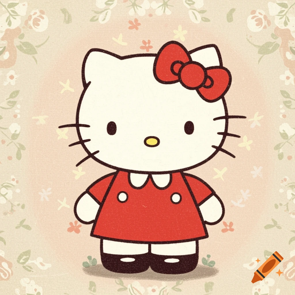 Hello Kitty in a red dress and bow against a vintage floral background.