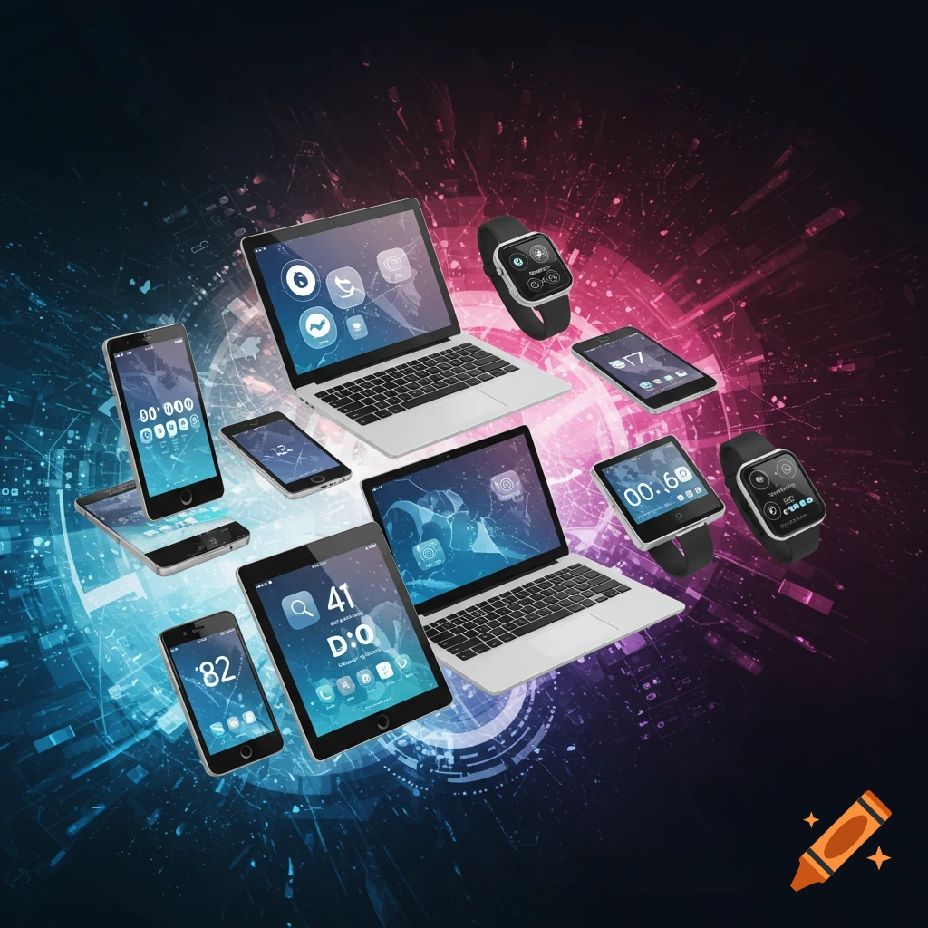 Various electronic devices like laptops, phones, and smartwatches floating in a futuristic space with blue and pink light effects.