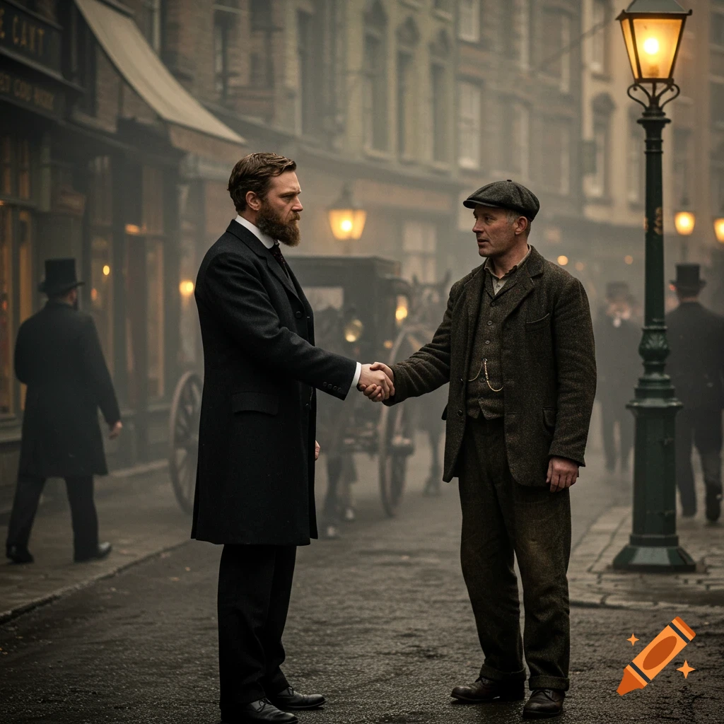 Two men in late 1800s attire shake hands on a foggy street in a realistic style.