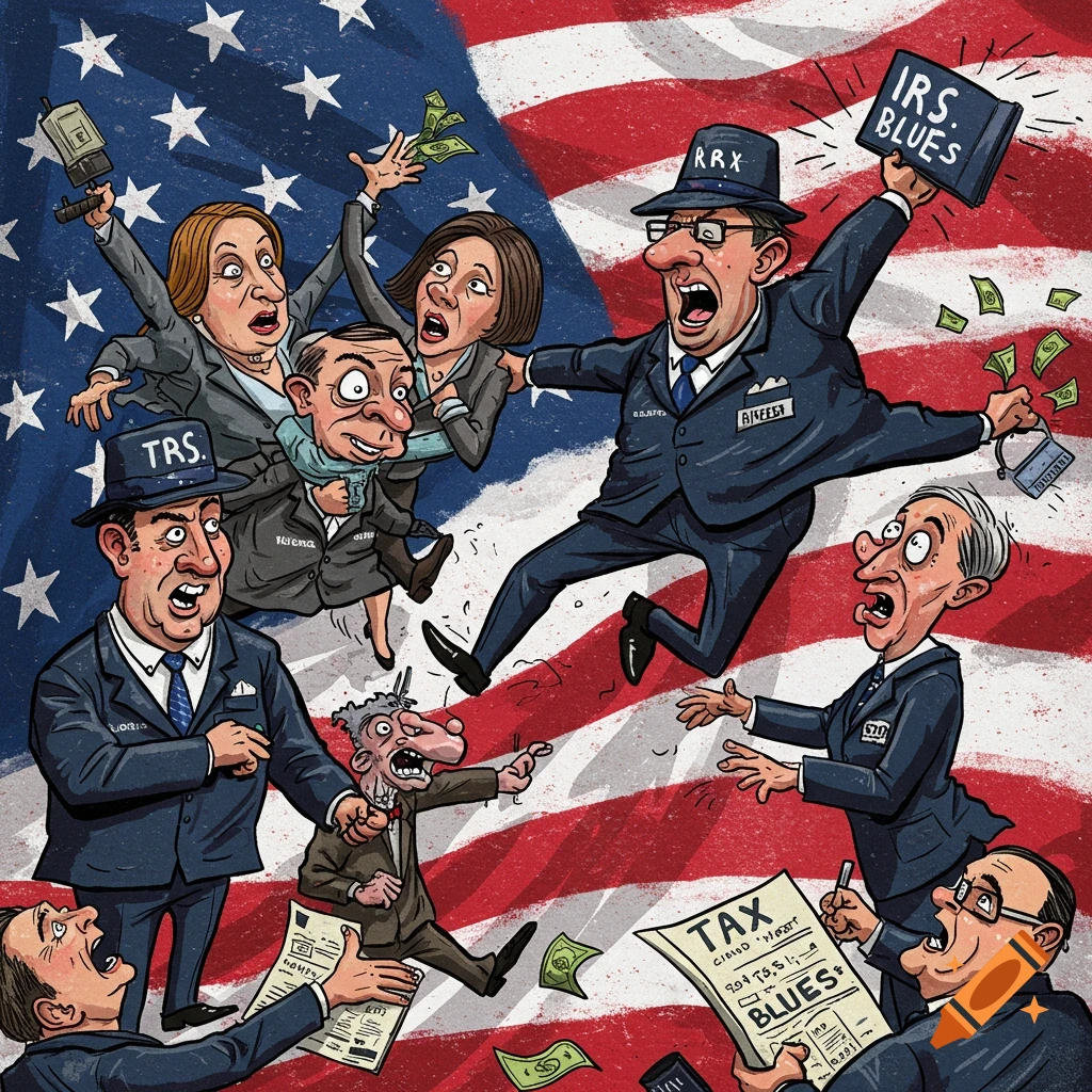 Cartoon illustration of people in distress and money around tax forms and an IRS book, with an American flag background.