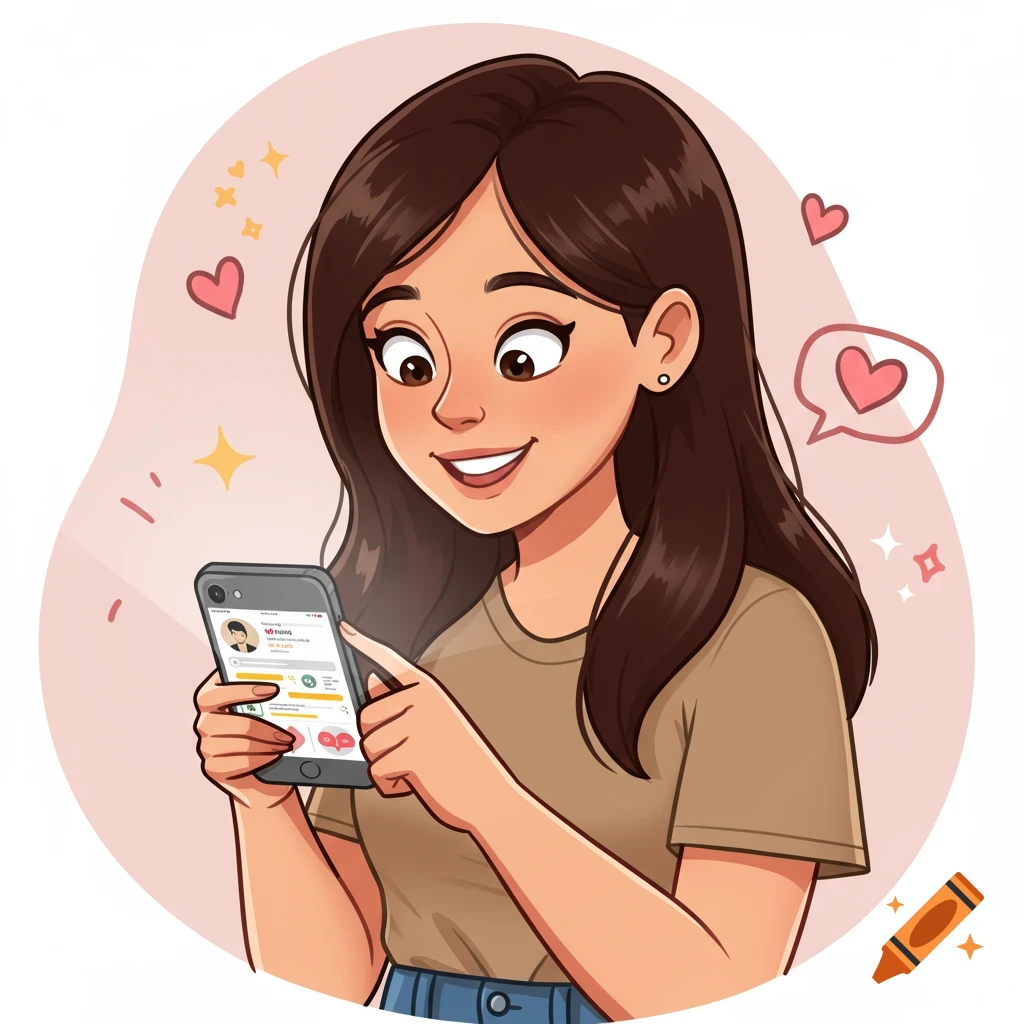 Cartoon illustration of a smiling woman looking at her phone.