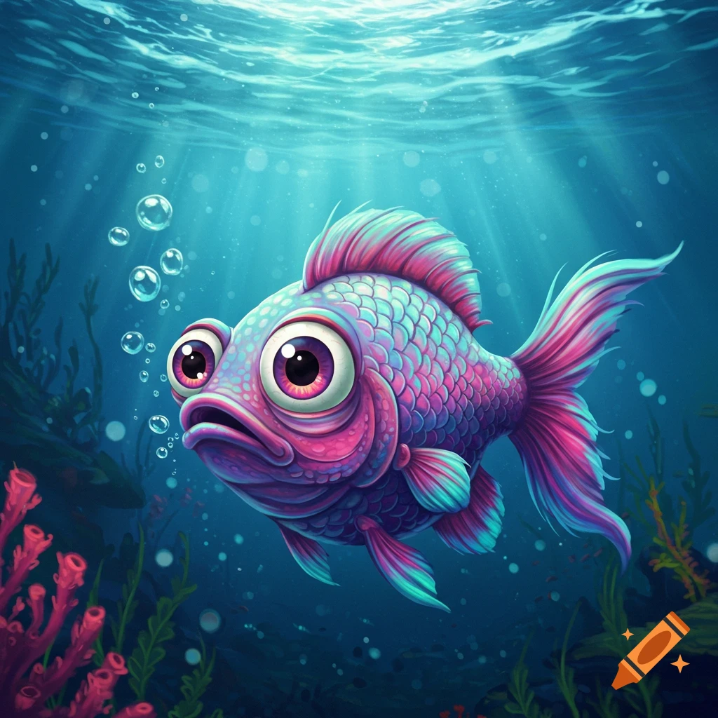 A colorful cartoon fish with big eyes swims underwater among coral and bubbles.