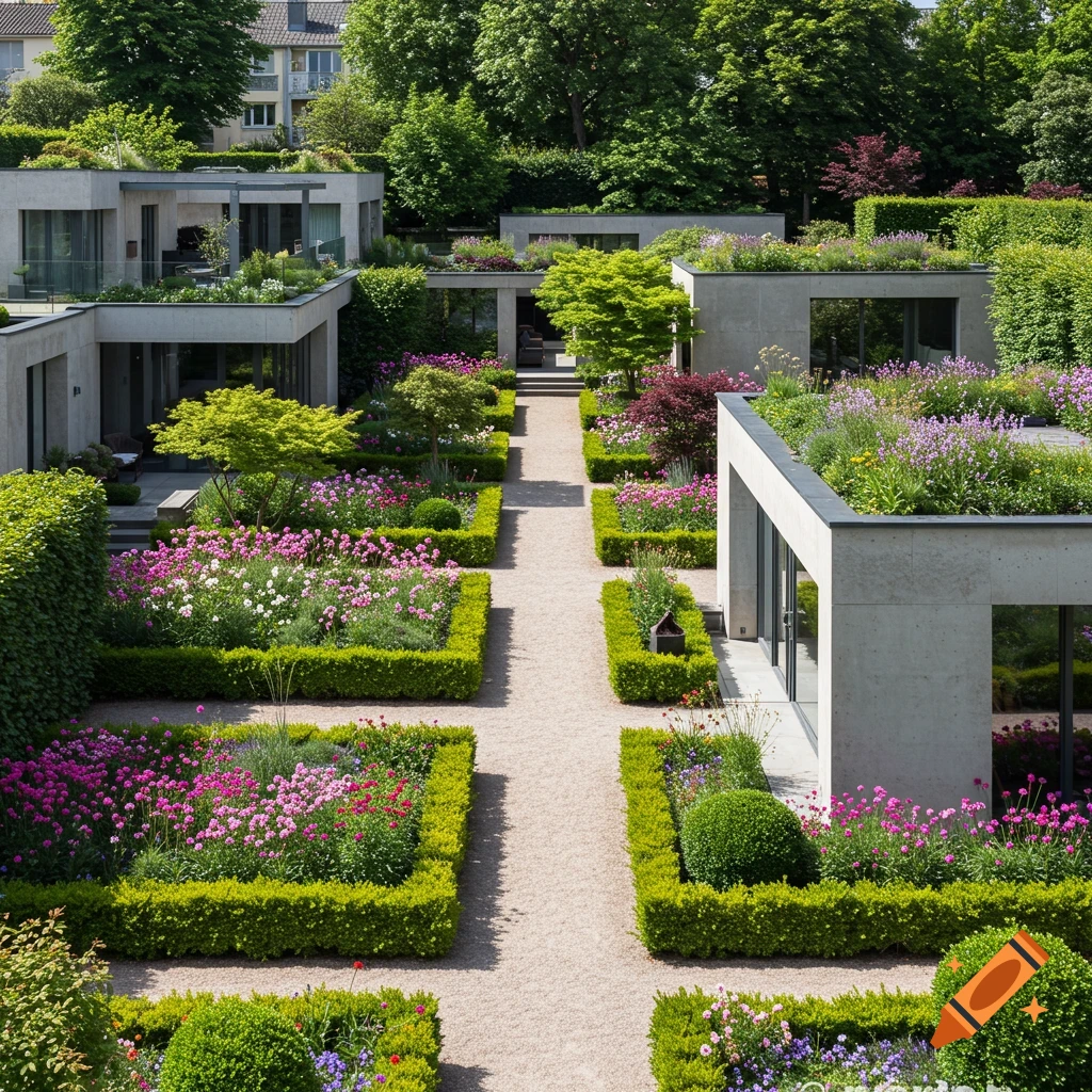 Modern multi-level garden with concrete buildings, structured hedges, flowers, and gravel paths.