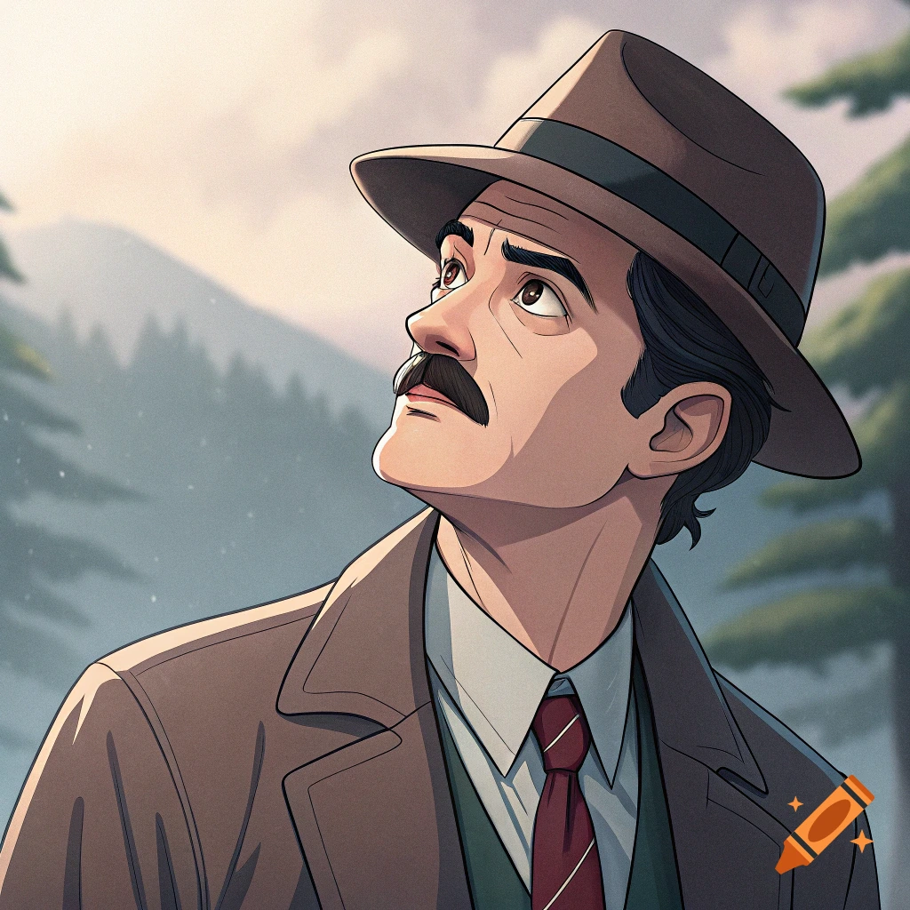 Anime portrait of a man in a fedora and suit looking up at the sky