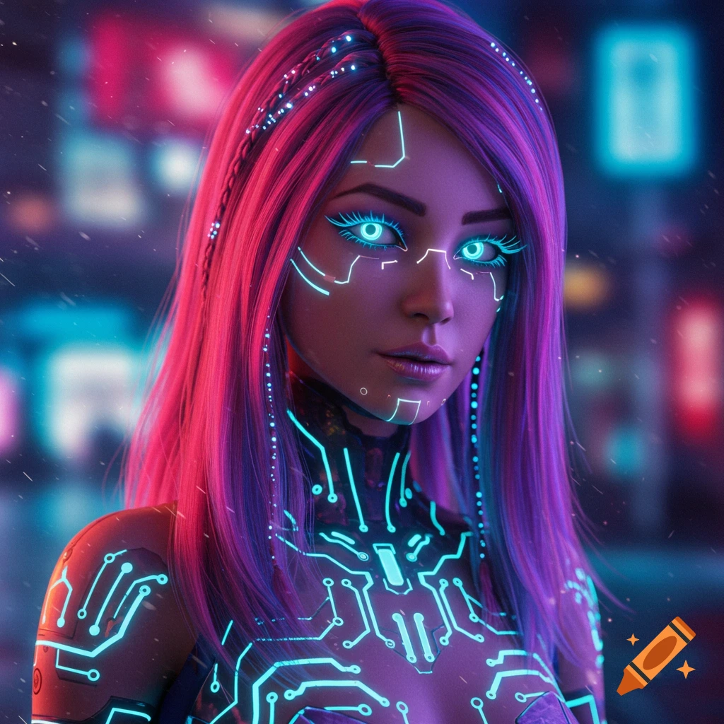 Cyberpunk portrait of a woman with glowing blue circuitry on her face and body, pink and purple hair, against a neon city background.