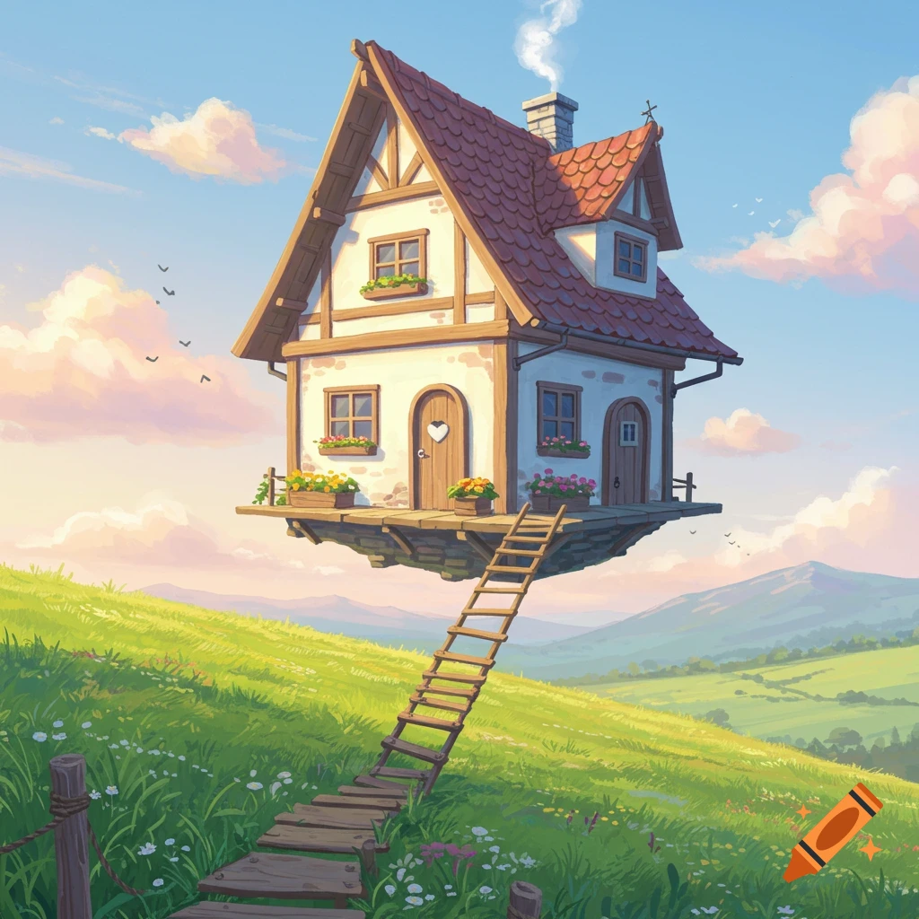 A peaceful house floats in the sky, with a ladder reaching down to a grassy hill.