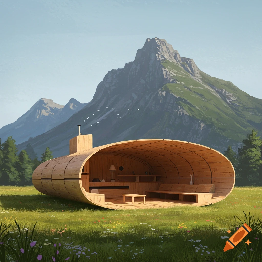 A wooden oval structure stands in a grassy field with mountains in the background.